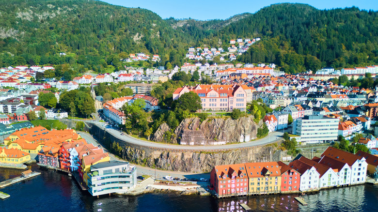 Bergen old town and Skutevik district, aerial view, Norway
