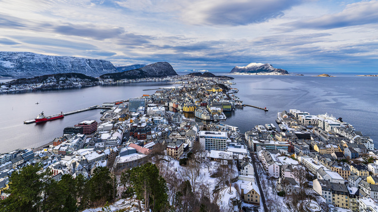 View of the town of Alesund in Norway from the local mountain Aksla