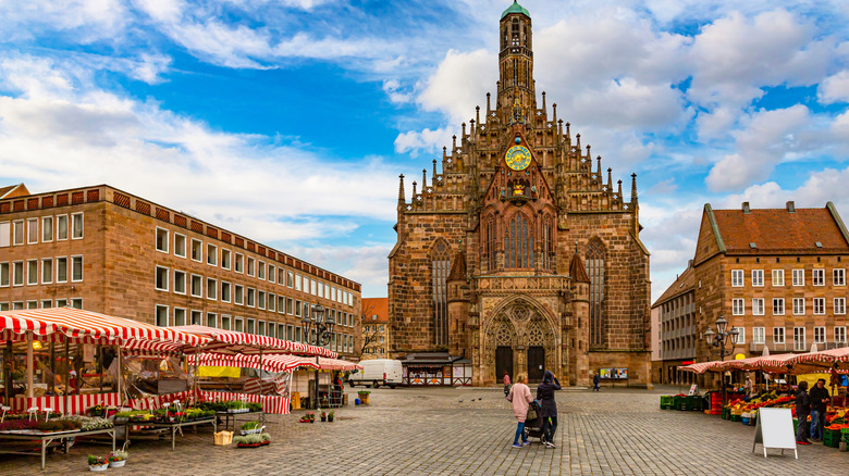 The facade of Frauenkirche in Hauptmarkt, Nuremberg