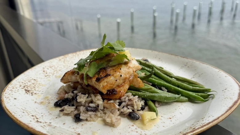 plate of rice, green beans, and fish on a window sill with the ocean outside