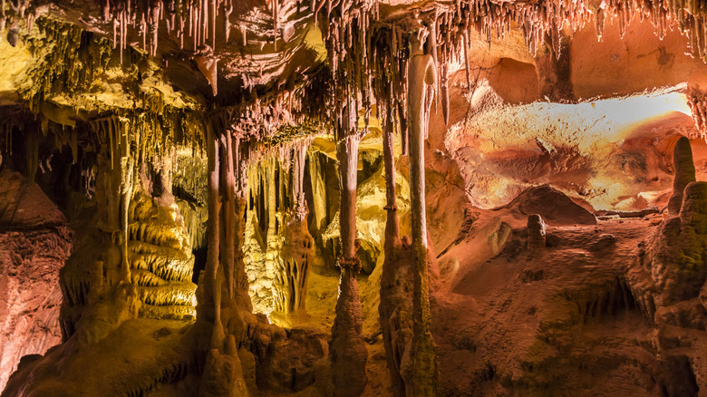 a cave's stalactites and stalagmites illuminated by interior lighting