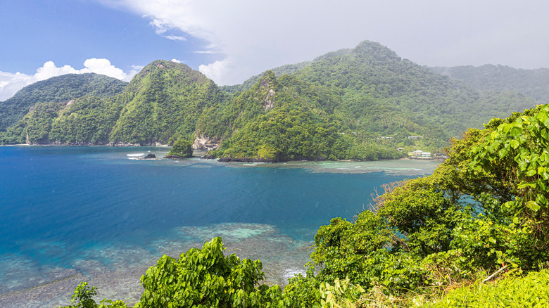 Landscape view of the National Park of American Samoa on the island of Tutuila with a bay and lush greenery