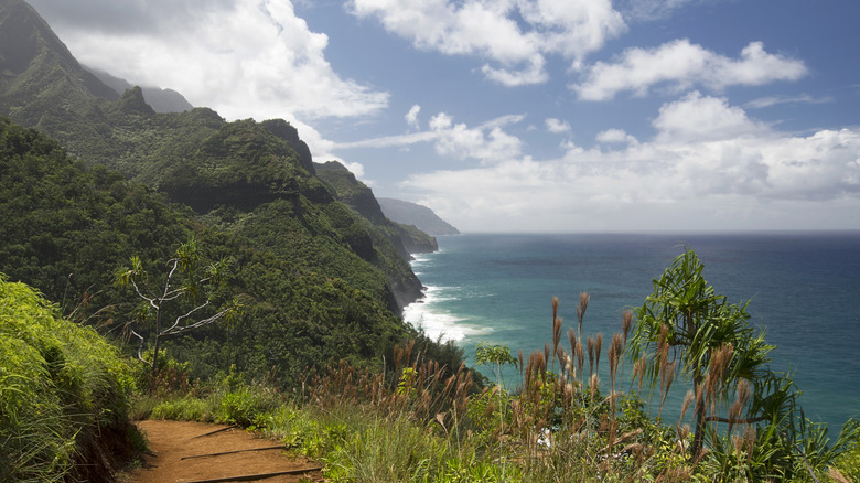 Sunny day on Na Pali Coast from from Kalalau Trail, Kauai, Hawaii