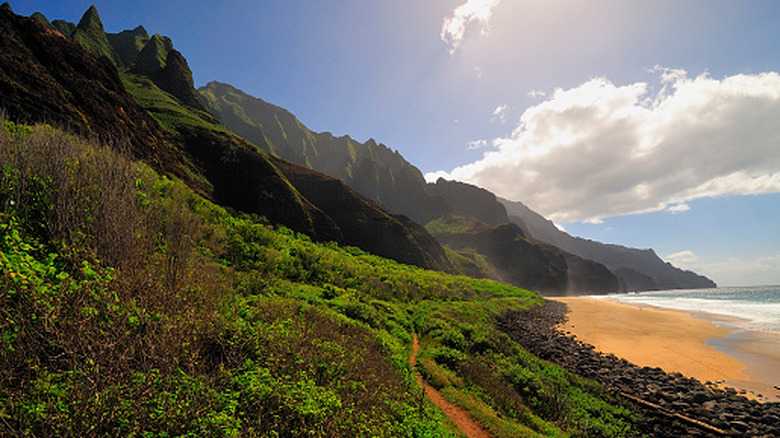 Kalalau Beach, with lush, green cliffs framing its edge