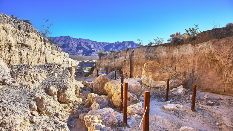 Desert Trail Through Eroded Rock Formations and Mountains at Ice Age Fossils State Park, Nevada