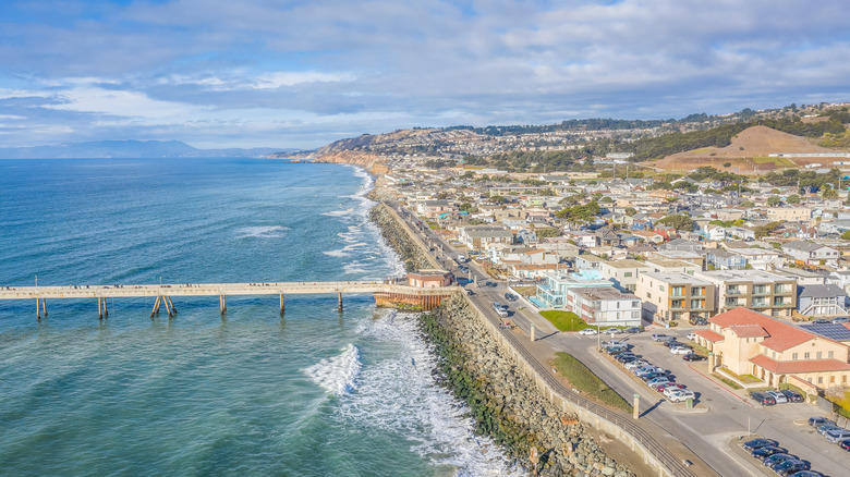 An aerial view of Pacifica, California, and the city's beach pier