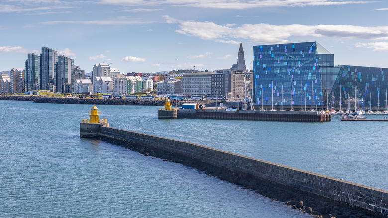 View of Reykjavik city, the marina at the foot of Harpa, and Hallgrímskirkja in the distance