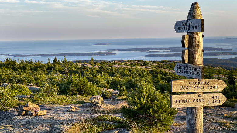 A trail sign overlooking scenic coastal views from Cadillac Mountain in Acadia National Park