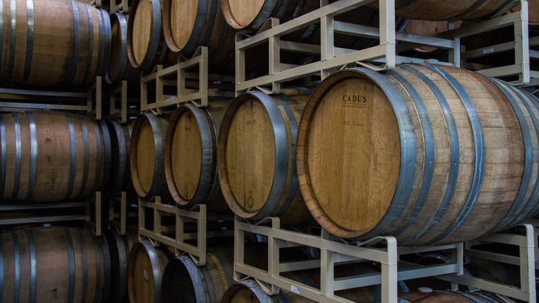 Rows of wine barrels in Hood River, Oregon