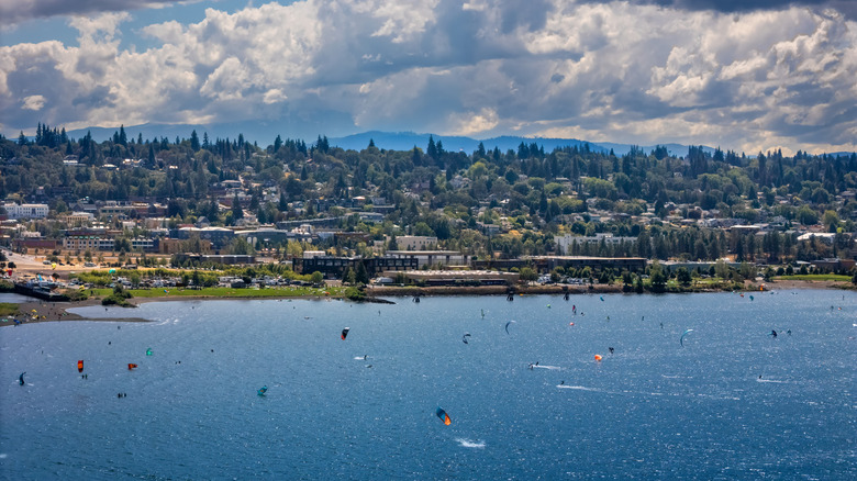 Kite surfers on the Columbia River in Hood River, Oregon