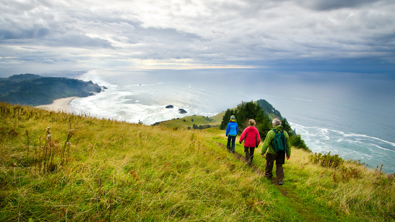 Three hikers at Cascade Head in Oregon