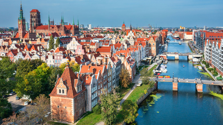 Aerial view of the historic harbor town of Gdańsk
