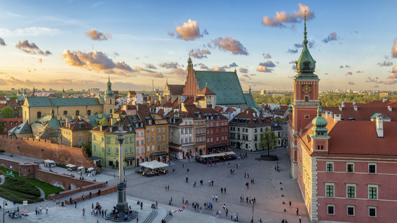 Aerial view of Warsaw's Old Town Square at sunset