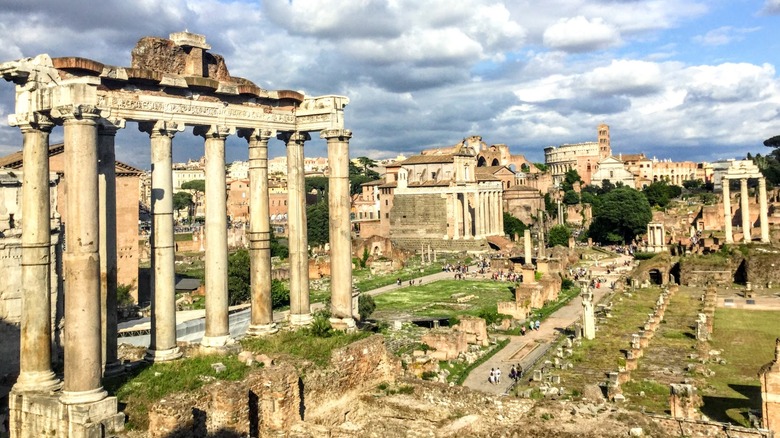 Ancient ruins with tall columns in Rome