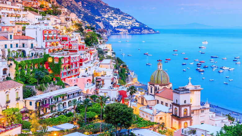 The Amalfi coast in Italy from above, with boats on the water