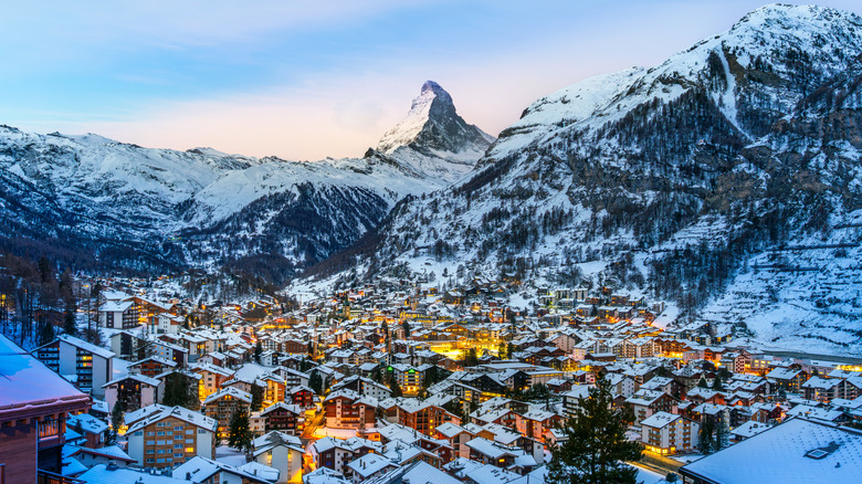 View of the Matterhorn and Zermatt during the winter