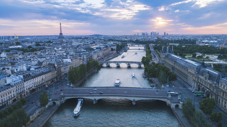 The Seine River and surrounding buildings in Paris, France, from above