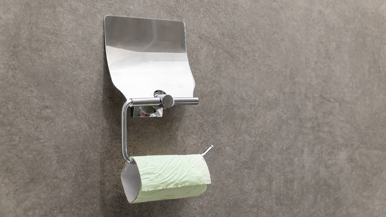 Empty toilet paper roll in public bathroom