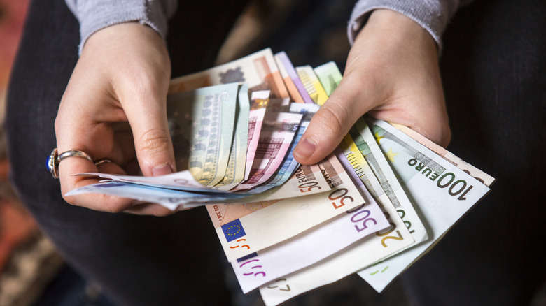 A traveler holding various euro notes