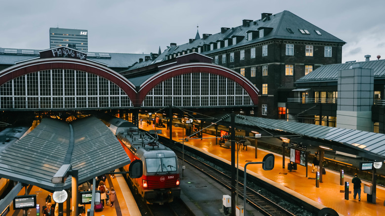 A train at Copenhagen Central Station at dusk