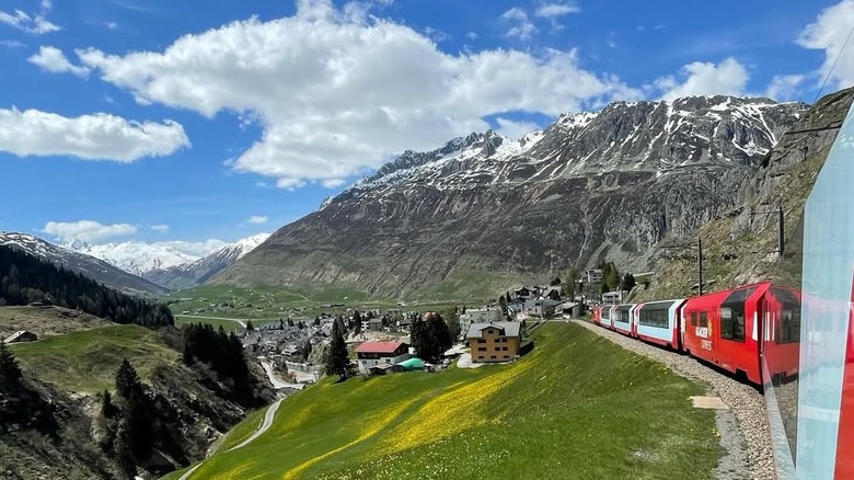 A view out the window of the Glacier Express train in Switzerland