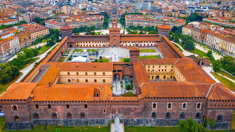 The red brick walls of Castello Sforzesco, Milan, Italy