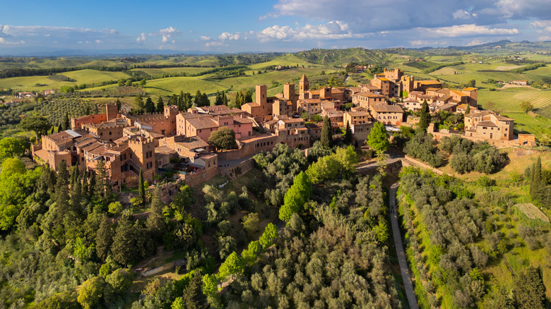 Aerial view of Certaldo's old town in the Tuscan hills of Italy
