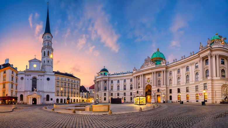 Cityscape of Vienna's St. Michael's Square during sunrise