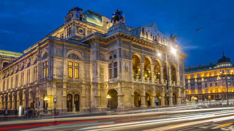 Nighttime view of the Vienna State Opera from Ringstrasse