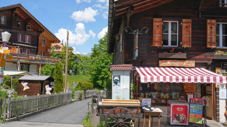 Exterior of the wooden The Honesty Shop in Gimmelwald, Switzerland