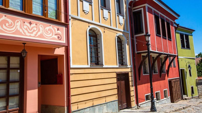Colorful buildings in Old Town in Plovdiv, Bulgaria
