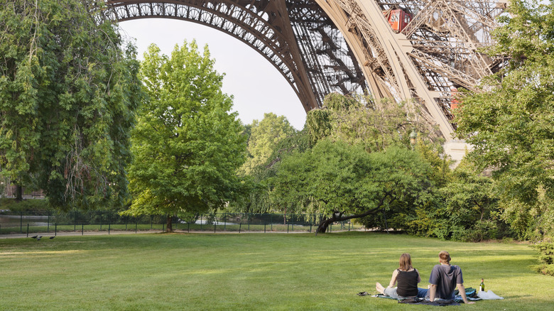 Young couple enjoying a picnic by the Eiffel Tower.