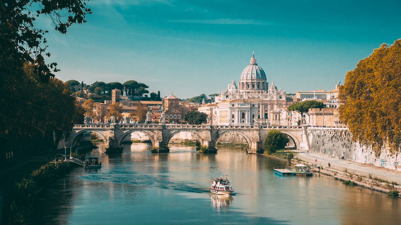 View of Saint Peter's Basilica, river, and historic buildings on clear day.