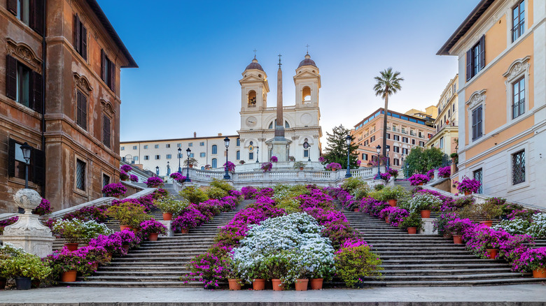 View of Spanish Steps early in the morning, surrounded by flowers.