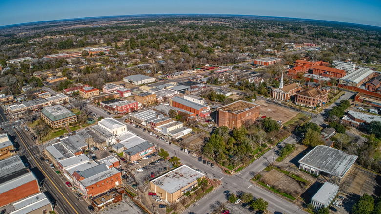 Aerial view of Huntsville, Texas, with low buildings and trees
