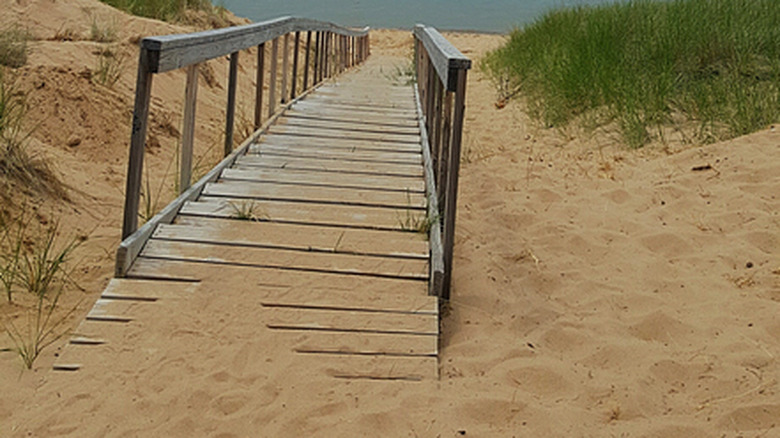 sand on the bridge close to beach at Saugatuck, Michigan