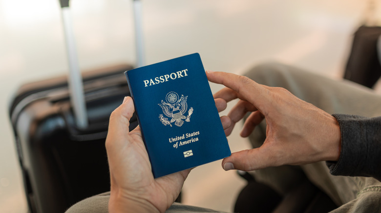 Person holds United States passport with rolling suitcase in background.