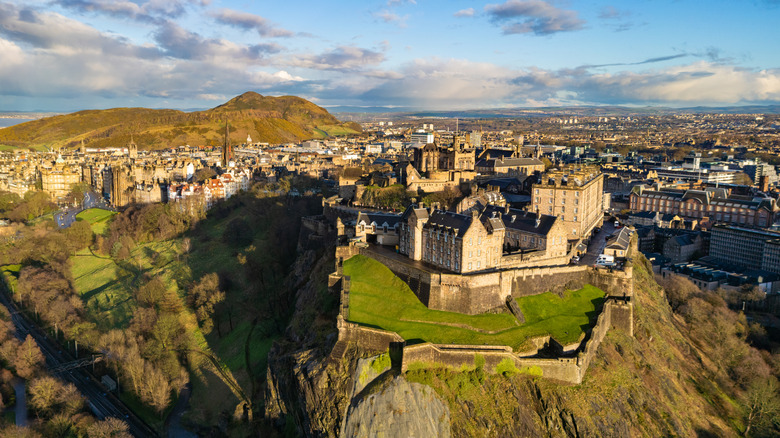 Wide angle aerial view over the city of Edinburgh at dusk