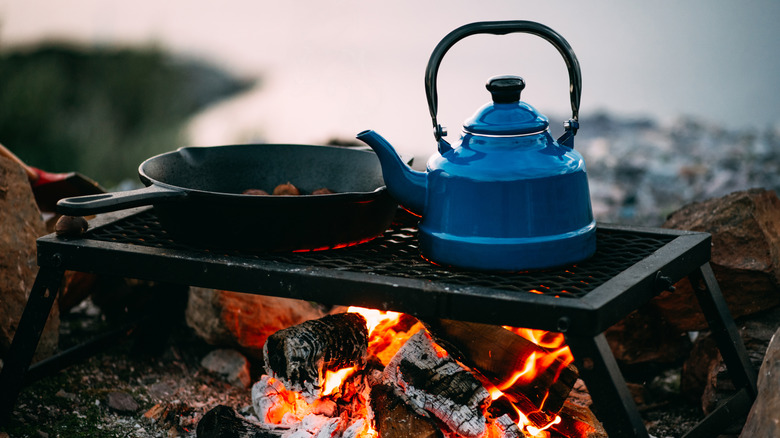 Close up of tea kettle and cast iron pan over an open fire in the wilderness.