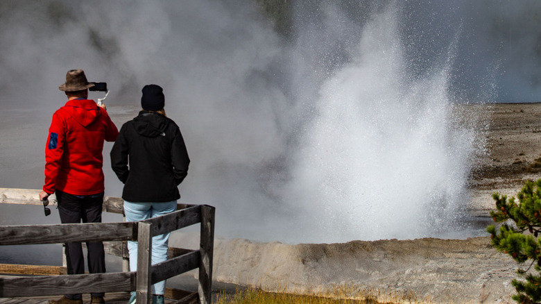 Numerous hot springs, steam vents, and geysers are accessed along a boardwalk in Yellowstone National Park's Black Sand Basin