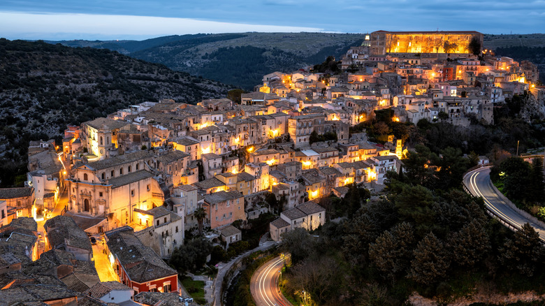 An aerial view of Ragusa Ibla at dusk