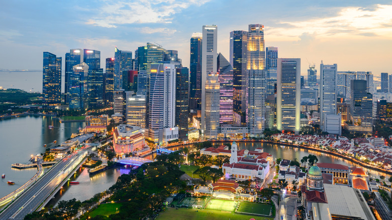 Aerial view of Singapore at dusk