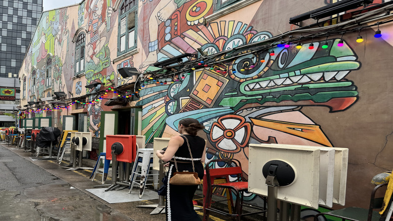 Colorful dragon street art and lights in Kampong Glam, Singapore