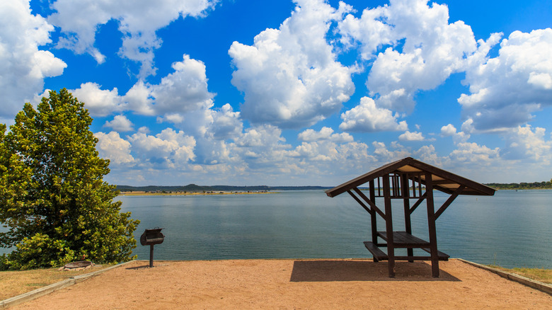 A covered picnic area along the Stillhouse Hollow Lake, outside of Harker Heights, Texas