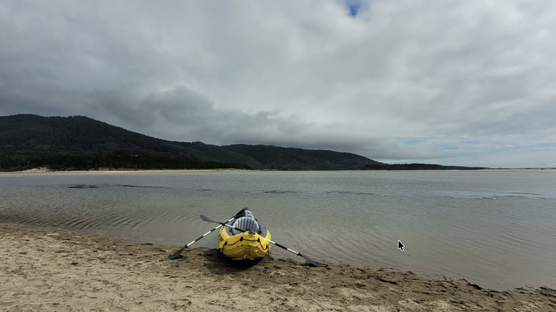 A kayak at the Fisherman's Day Use Area at Sand Lake Recreation Area