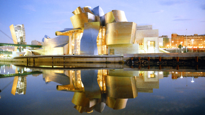 The Guggenheim Museum in Bilbao lit up at night