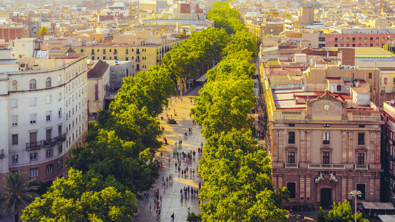 Aerial view of La Rambla in Barcelona, Spain