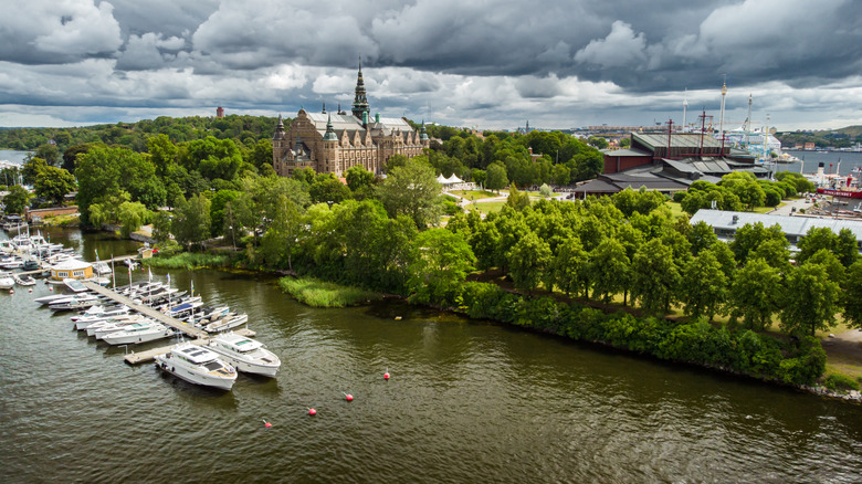 An aerial view of boats and buildings in Djurgården