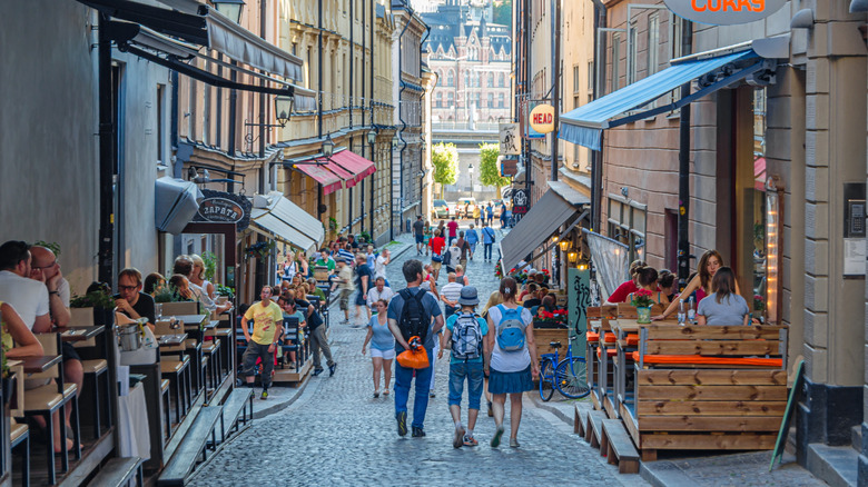A cobbled street and cafes in Gamla Stan, Stockholm