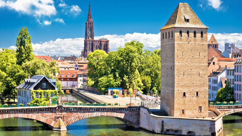 The Cathedral, dam, and canals in Strasbourg, France